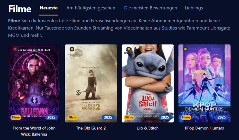 Ansicht der Oberfläche von Einschalten einer modernen Streaming Seite mit Filmen und Serien